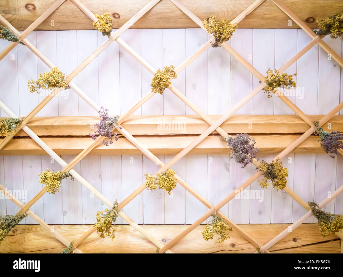 Arrière-plan avec plafond dans un sauna. aroma fleurs et de bien-être se détendre dans une atmosphère romantique. texture. abstract Banque D'Images