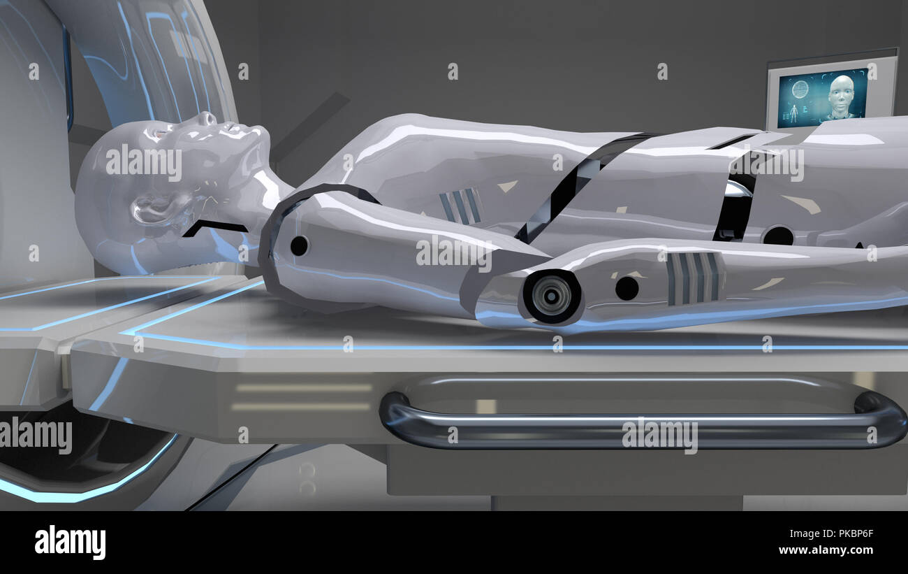 Robot dans un établissement médical avec futuristic image du corps. Le rendu 3D Banque D'Images