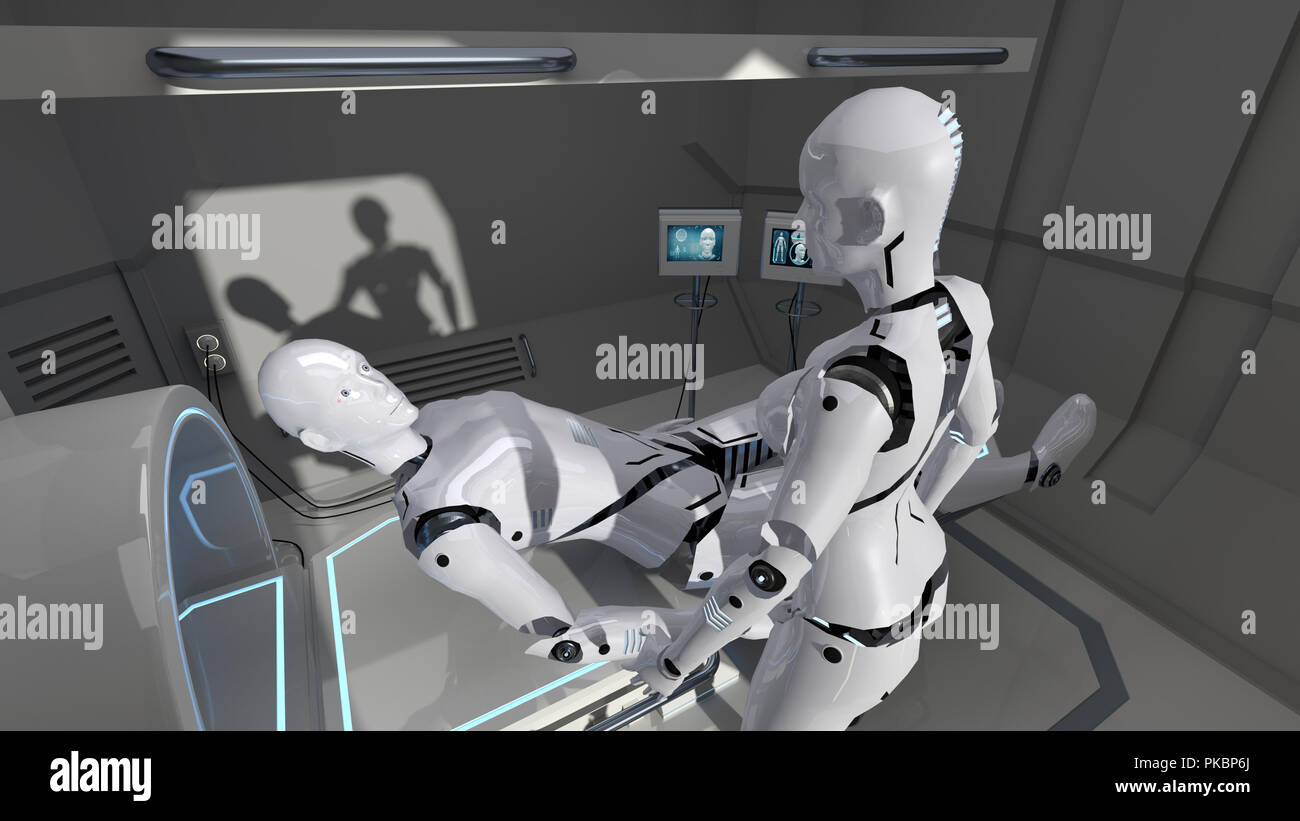 Les hommes et les femmes dans un monde futuriste robots infirmière établissement médical. Le rendu 3D Banque D'Images