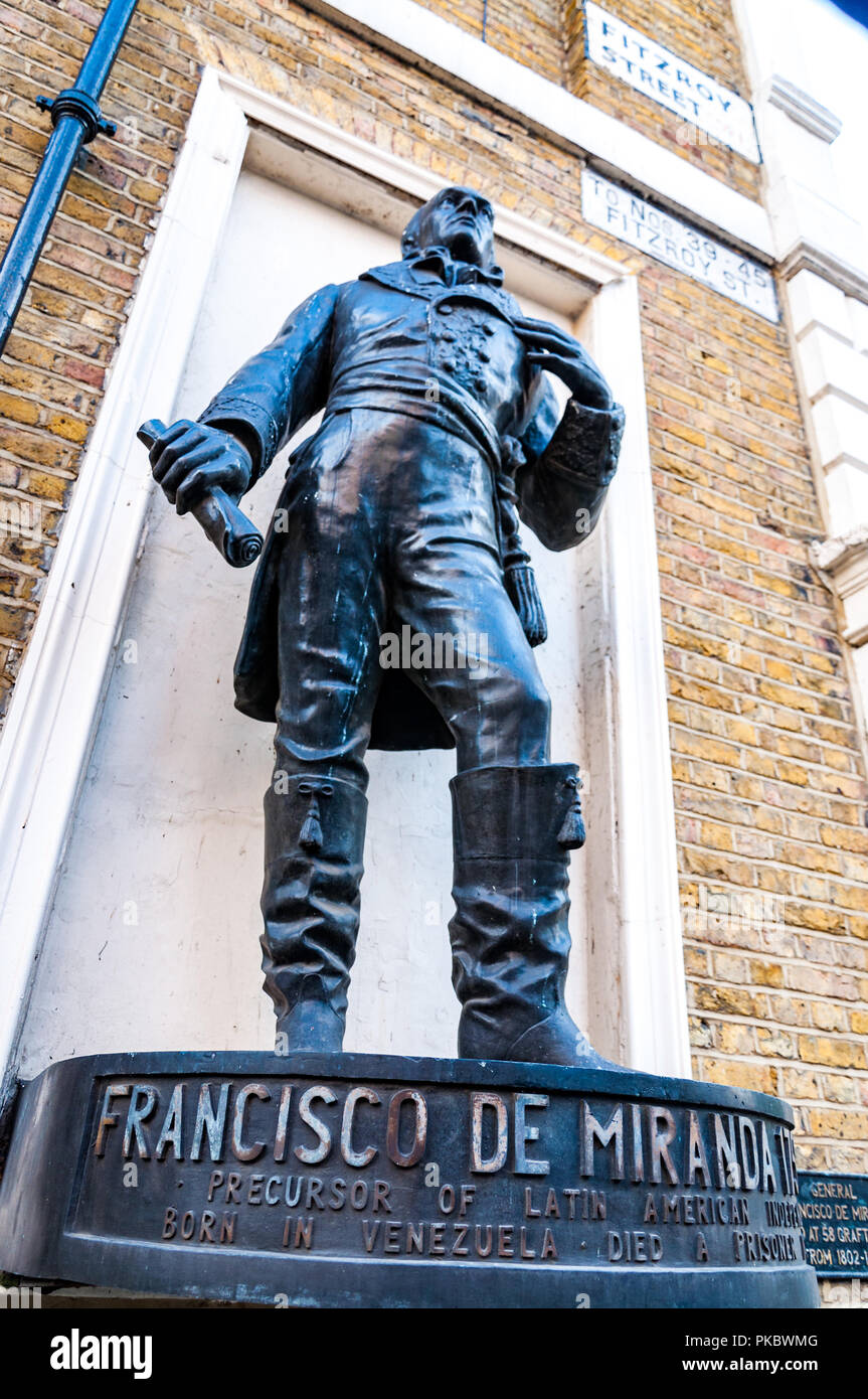 Statue de Francisco de Miranda, précurseur de l'indépendance de l'Amérique latine, Fitzrovia, Londres, Angleterre, Royaume-Uni Banque D'Images