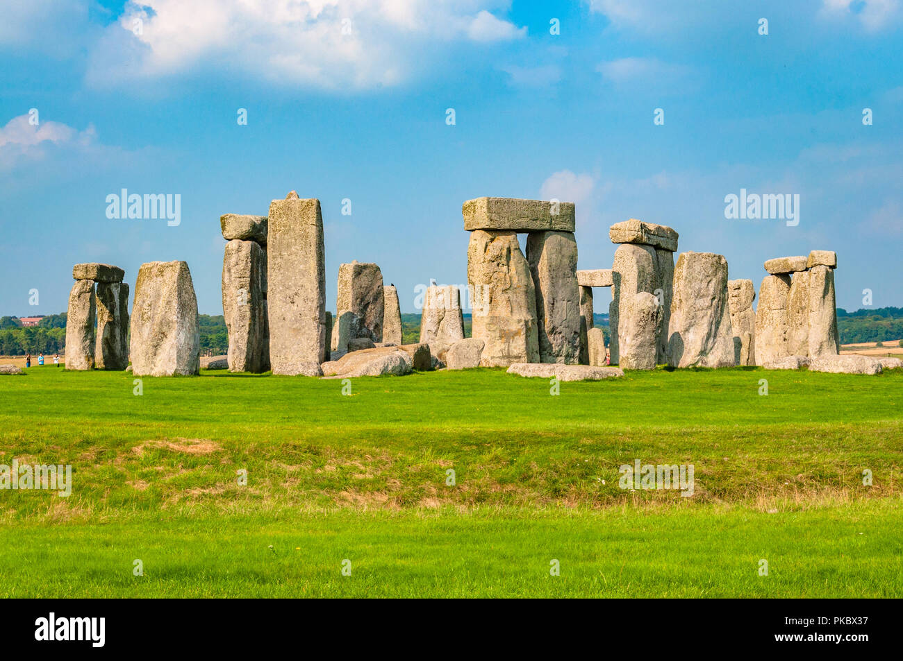 L'ensemble de Stonehenge avec de l'herbe verte verdoyante, avec du soleil dans le Wiltshire, England, UK Banque D'Images