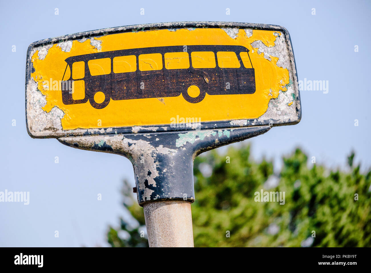 Arrêt de bus jaune signe avec un regard dans les couleurs jaune Banque D'Images