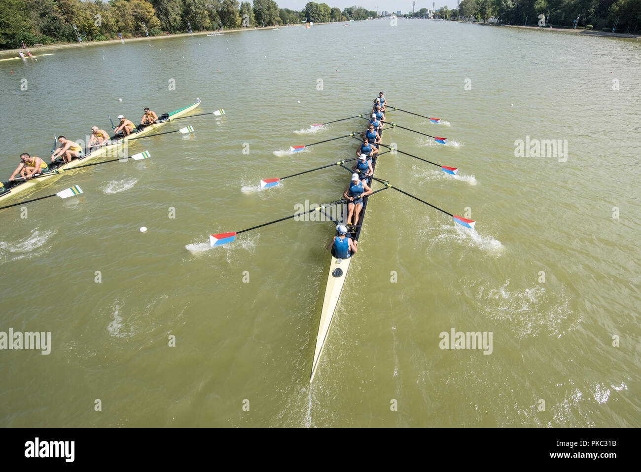 Plovdiv, Bulgarie, mercredi, 12 septembre 2018. Championnats du monde d'Aviron de la FISA, USA, M8 +, de l'équipage : Bow, KARWOSKI, Glenn OCHAL, Thomas PESZEK, Thomas DETHLEFS, Conor HARRITY, Michael Di Santo, Andrew REED, Patrick EBLE et Cox, Julian, VENONSKY © Peter SPURRIER Crédit : Peter SPURRIER/Alamy Live News Banque D'Images