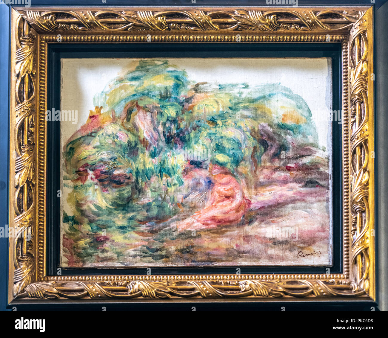 New York, États-Unis, 12 septembre 2018. La peinture 'Deux Femmes dans un jardin' par Pierre-Auguste Renoir impressionniste français est exposé lors d'une cérémonie pour revenir la peinture, volé par les Nazis pendant la Seconde Guerre mondiale à partir de la famille de Sulitzer à Paris, à l'héritage juif de New York. Credit : Crédit : Enrique Enrique Shore Shore/Alamy Live News Banque D'Images