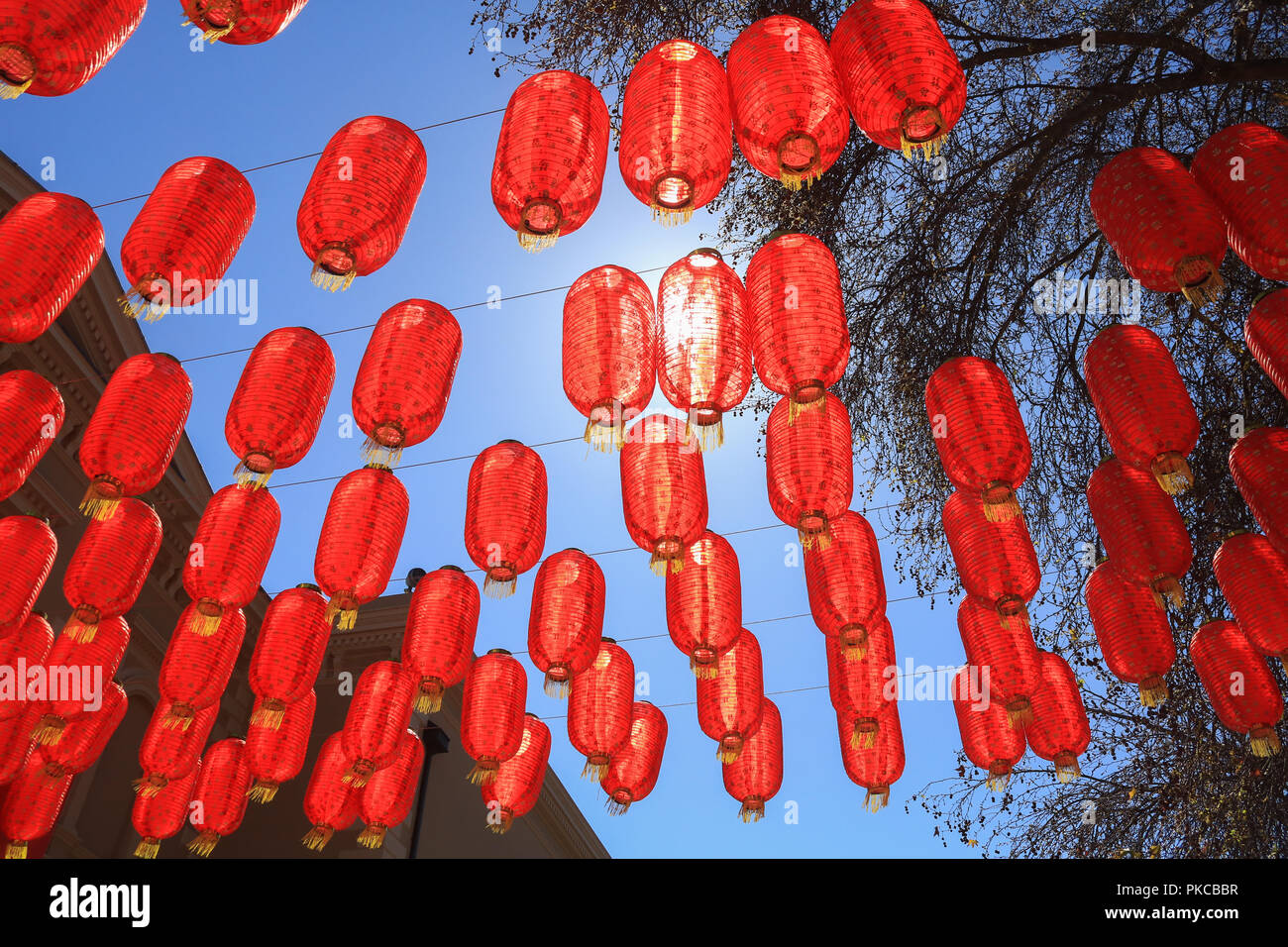 Adelaide en Australie. 13 septembre 2018. Lanternes chinoises décorent l'entrée de la bibliothèque de l'état de l'Australie pour l'exposition d'une montagne, une rivière, un sage trésors de la bibliothèque de Shandong qui était à la maison de Confucius et 3 000 ans de la civilisation chinoise et l'histoire de droits : amer ghazzal/Alamy Live News Banque D'Images