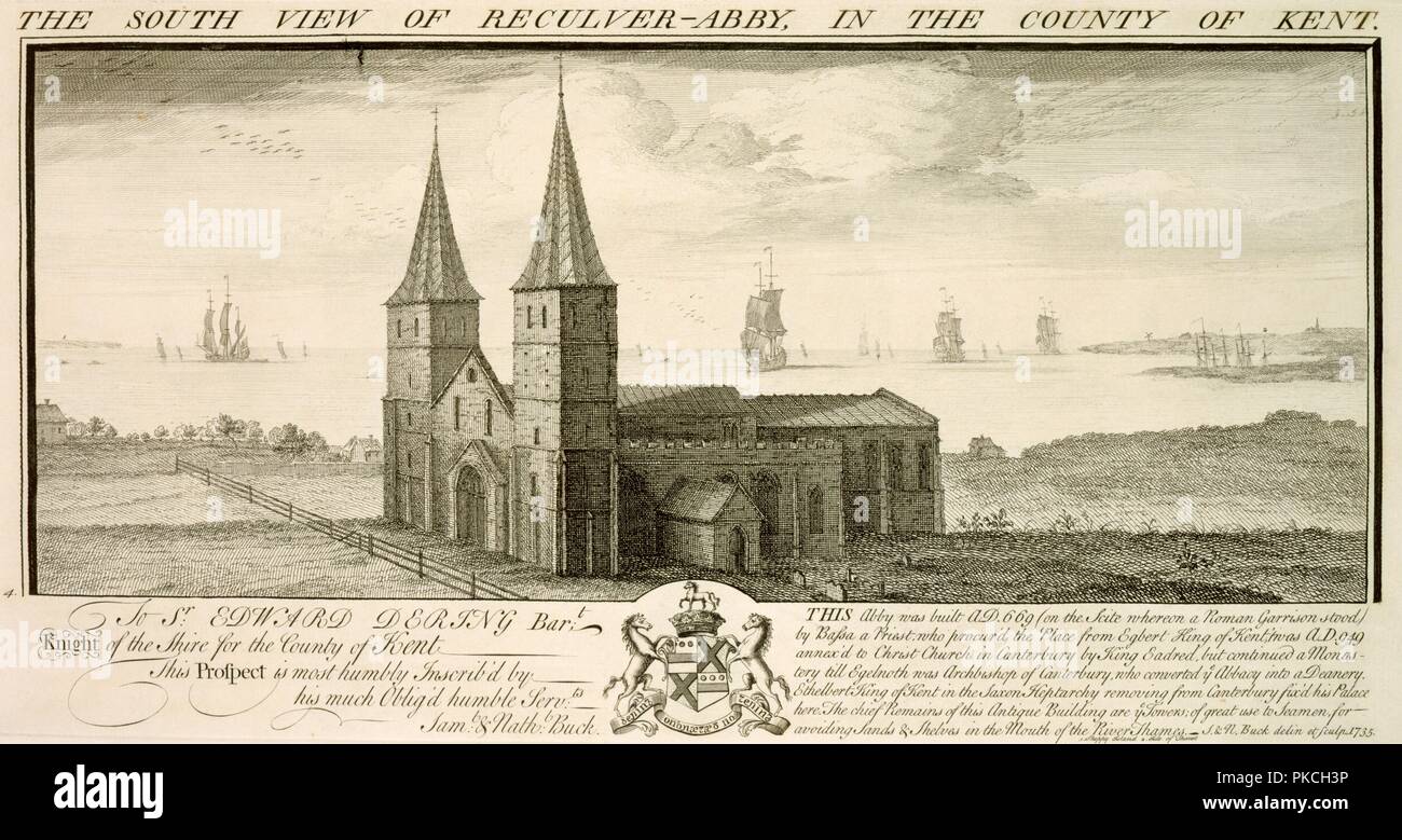 "La vue du Sud d'Reculver-Abbey dans le comté de Kent', 1735. Artistes : Samuel Buck, Nathaniel Buck. Banque D'Images