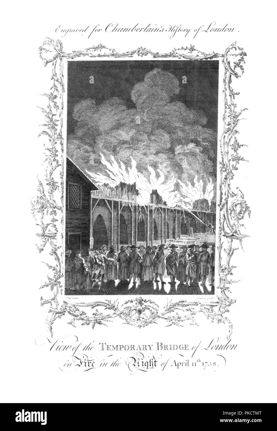 'Vue du pont temporaire de Londres en feu...1758.', c1770. Artiste : Charles Grignion. Banque D'Images