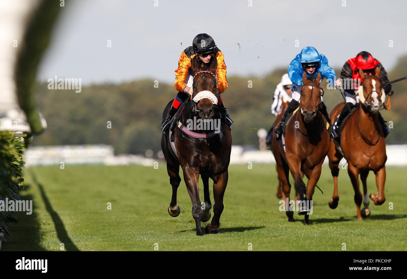 Saaheq (gauche) monté par David Egan remporte la 1stsecuritysolutions.co.uk Handicap, au cours de la première journée de la William Hill 2018 St Leger Festival à Hippodrome de Doncaster, Doncaster. Banque D'Images