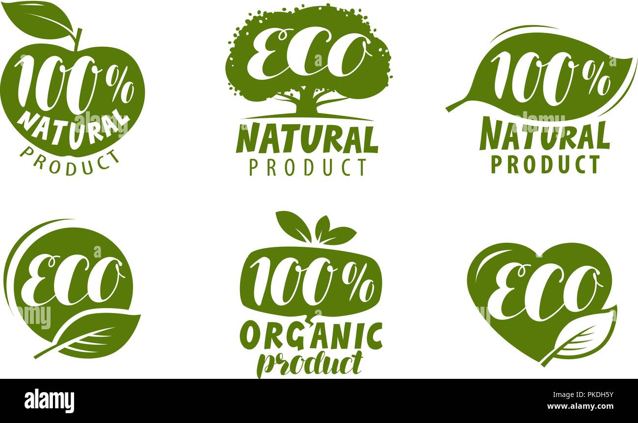Eco label ou logo. Ensemble de produits organiques naturels sains, badges. Vector Illustration de Vecteur