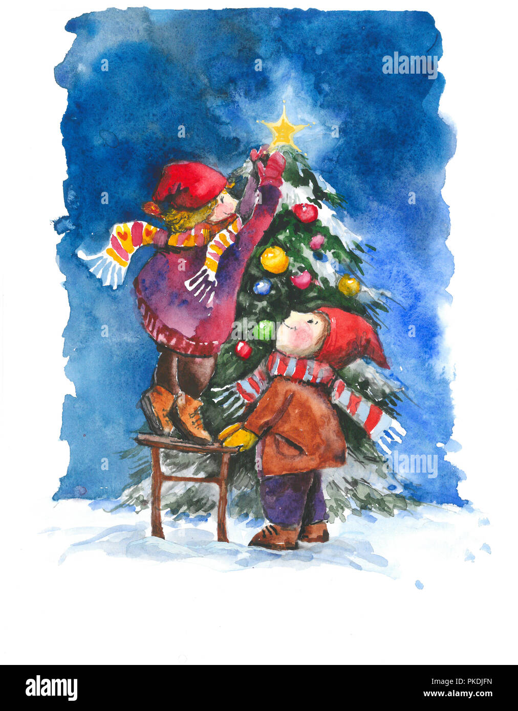 Joyeux Noël. Les enfants décorer l'arbre de Noël à la veille de la maison de vacances. De l'aquarelle. Banque D'Images