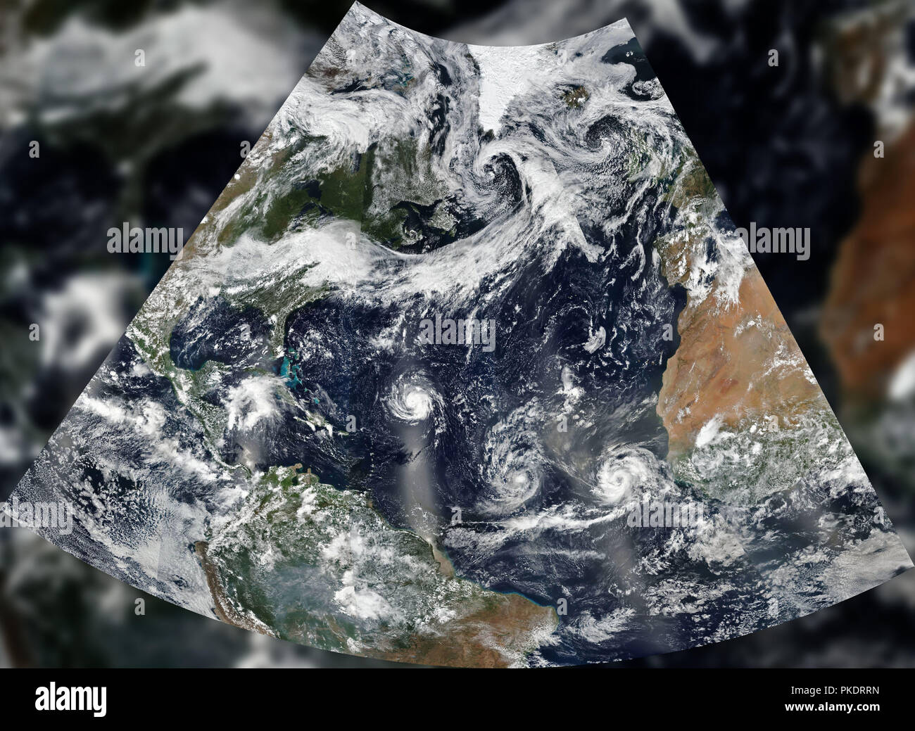 L'ouragan Florence, Isaac, et Joseph étaient tous barattage de l'Atlantique Nord. Le trio des tempêtes est visible dans cette image acquise par le satellite.. Ele Banque D'Images