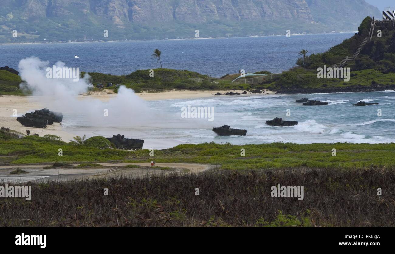 MARINE CORPS BASE HAWAII (29 juillet 2018) AAV-P7/A1 Transport Véhicules amphibies d'assaut marines à partir de plusieurs navires nation partenaire au cours d'une démonstration amphibie dans le cadre de l'exercice Rim of the Pacific (RIMPAC), le 29 juillet. Vingt-cinq nations, 46 navires, 5 sous-marins, et d'environ 200 avions et 25 000 personnes participent à l'EXERCICE RIMPAC du 27 juin au 2 août dans et autour des îles Hawaï et la Californie du Sud. Le plus grand exercice maritime international RIMPAC, fournit une formation unique alors que la promotion et le soutien des relations de collaboration entre particulier Banque D'Images