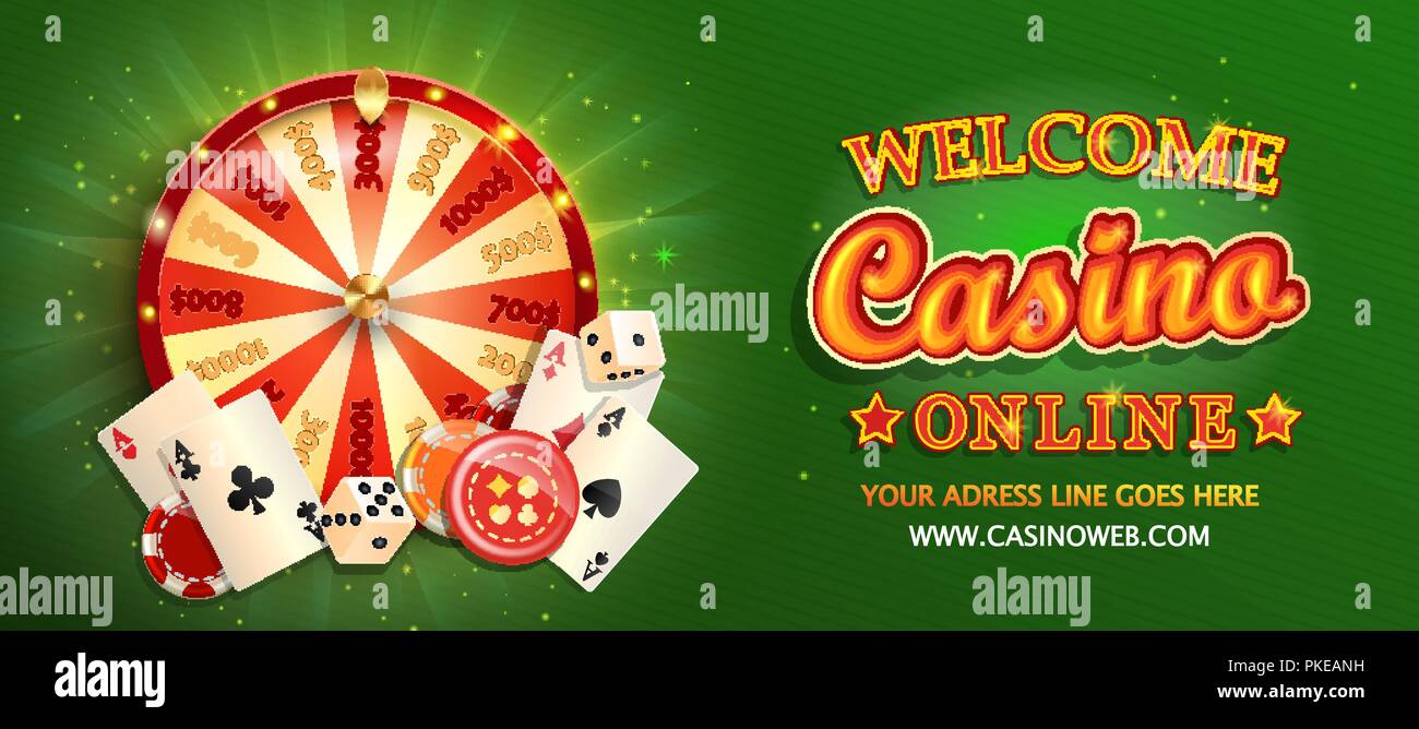 Casino en ligne Bienvenue sur jeu de poker, jouer au dés, jetons, roue de fortune et d'autres éléments de conception de jeu. Invitation modèle d'affiche sur fond brillant. Vector illustration. Illustration de Vecteur