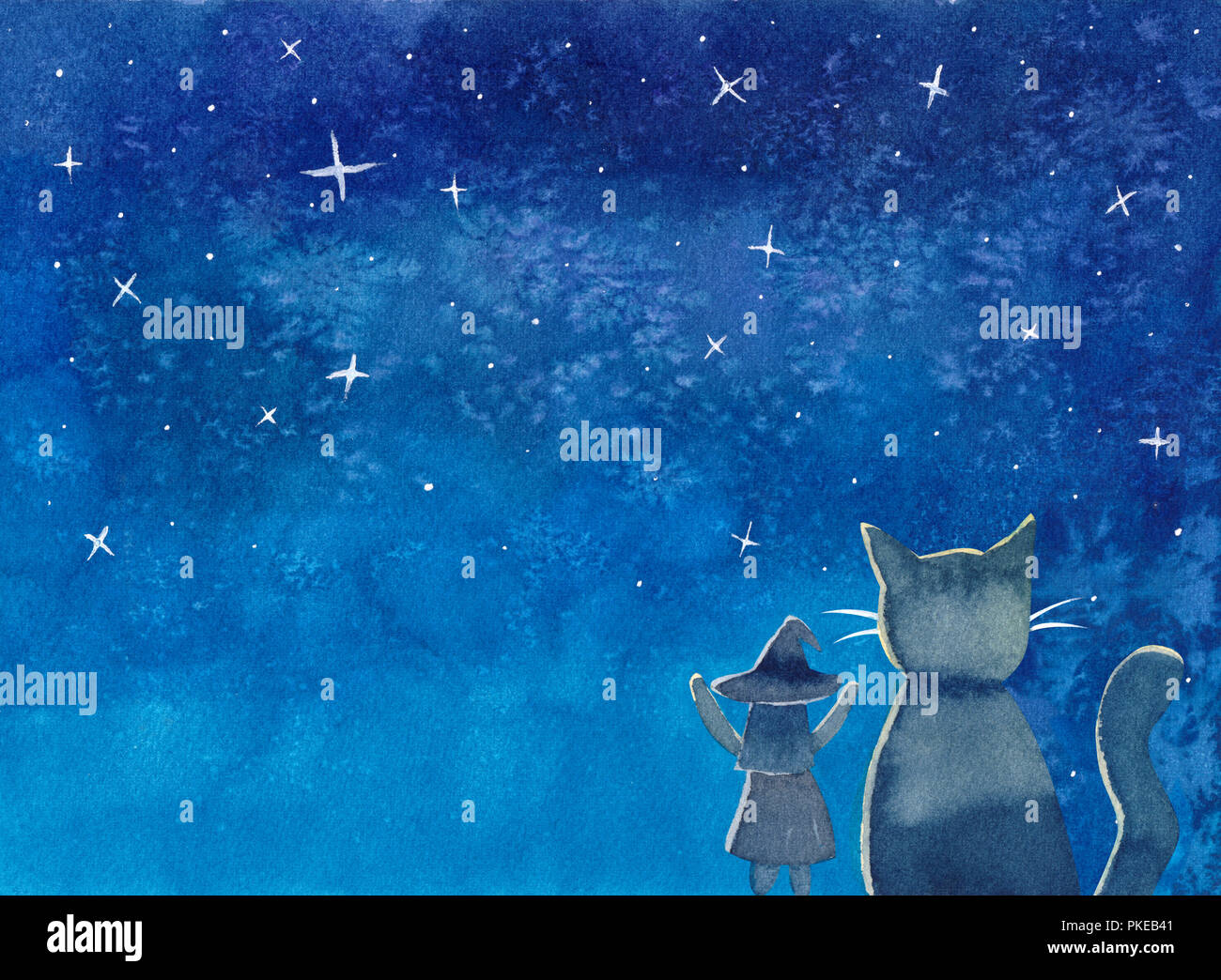 Sorciere Et Chat Sous Galaxie Bleue Ciel Nocturne L Aquarelle Contexte L Illustration Photo Stock Alamy