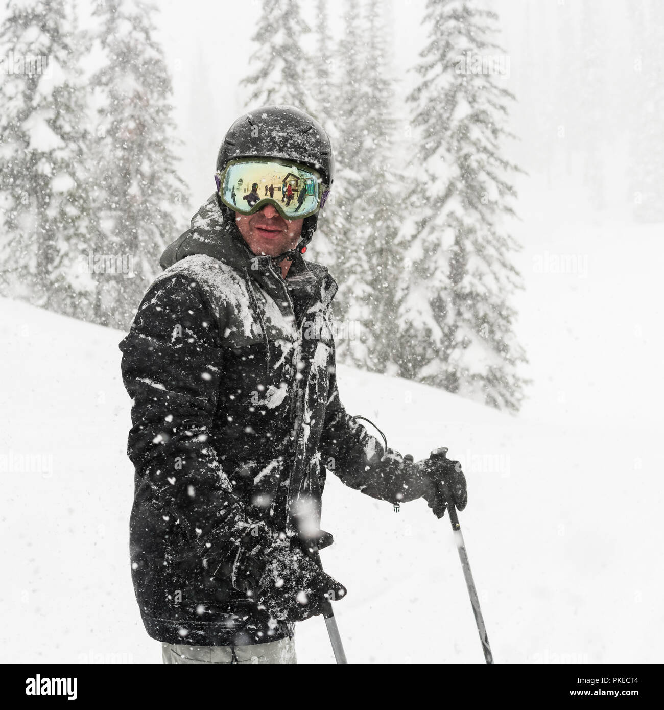 Skieur debout dans une importante chute de neige à Sun Peaks Resort ; Kamloops, British Columbia, Canada Banque D'Images