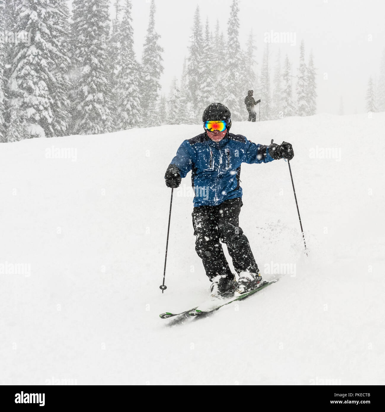 Descente skieur dans une forte chute de neige à Sun Peaks Resort ; Kamloops, British Columbia, Canada Banque D'Images