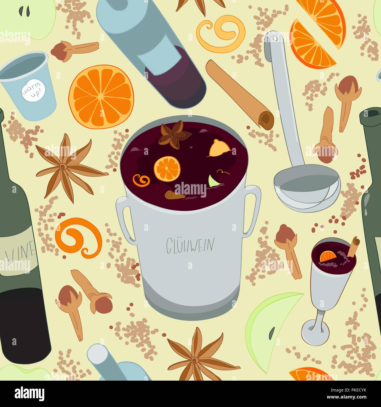 Vin chaud modèle homogène. Boisson de saison vin chaud épicé ingrédients seamless background. Illustration de Vecteur