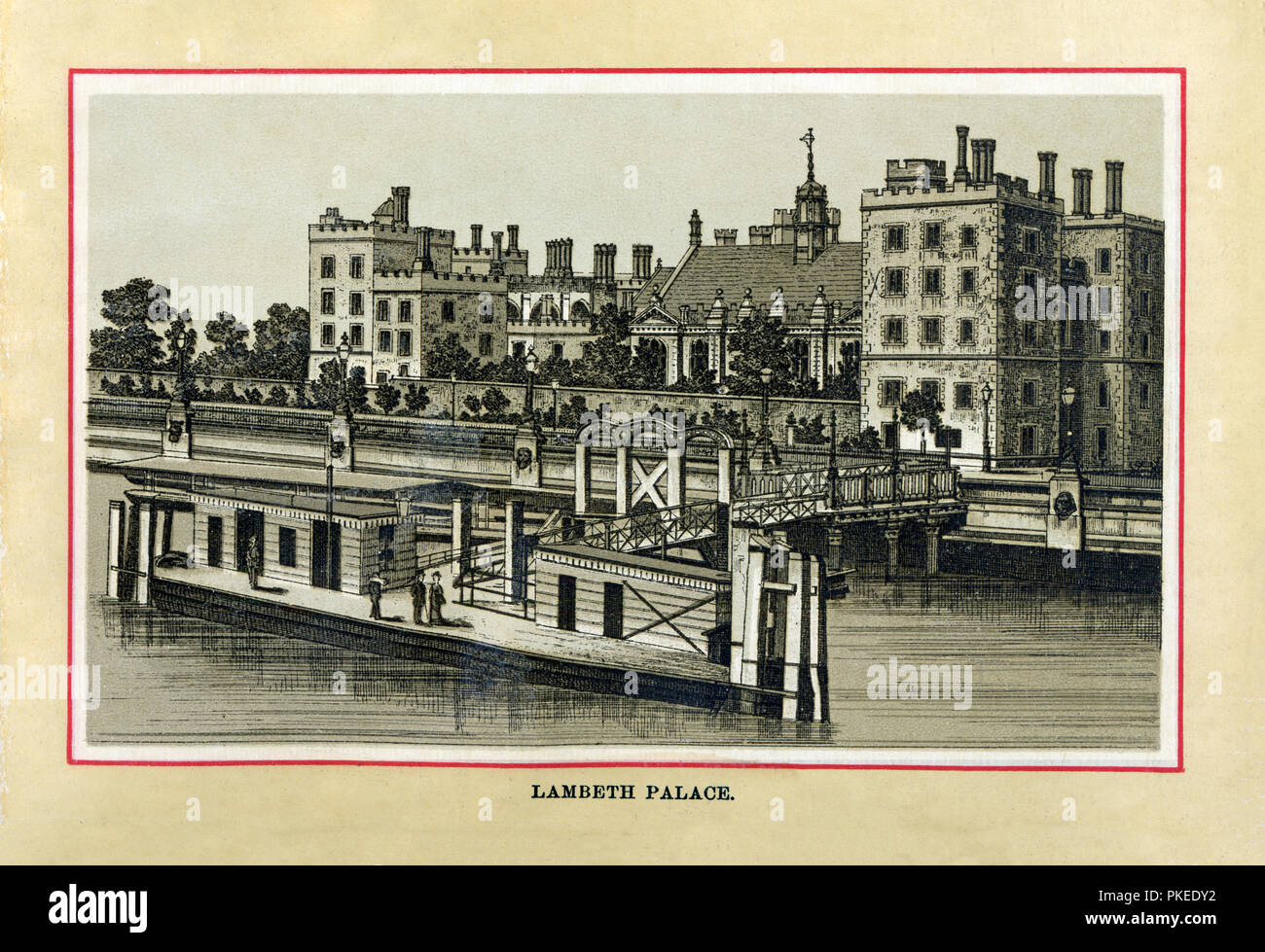 Lambeth Palace, 1880 gravure sur acier de haute qualité de la résidence officielle de l'archevêque de Canterbury, sur la rive sud de la Tamise par Pier de Lambeth, pièces datant du 15e siècle Banque D'Images