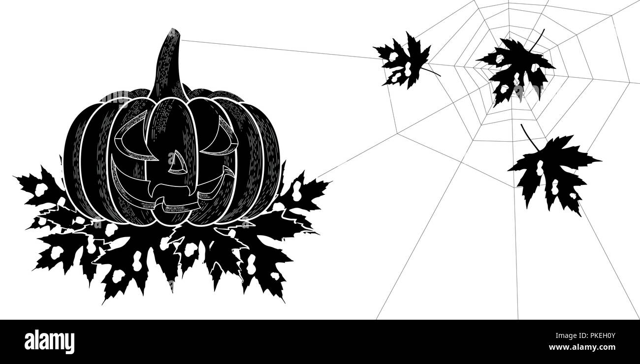 L'Halloween. 31 octobre. Le concept d'une maison de vacances. Une citrouille sculptée avec un visage terrible, des feuilles avec des trous, Spiderweb. Emplacement horizontal. Dimensions sty Illustration de Vecteur