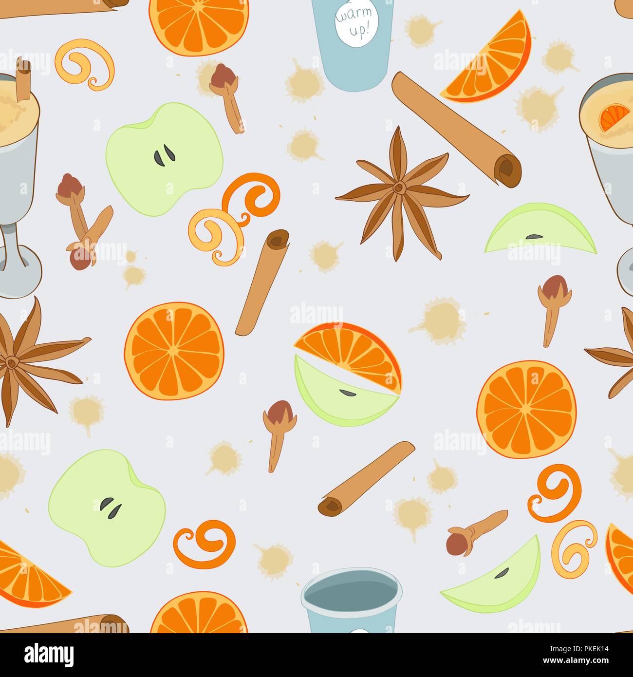 Boisson de saison vin chaud épicé ingrédients seamless background. Illustration de Vecteur