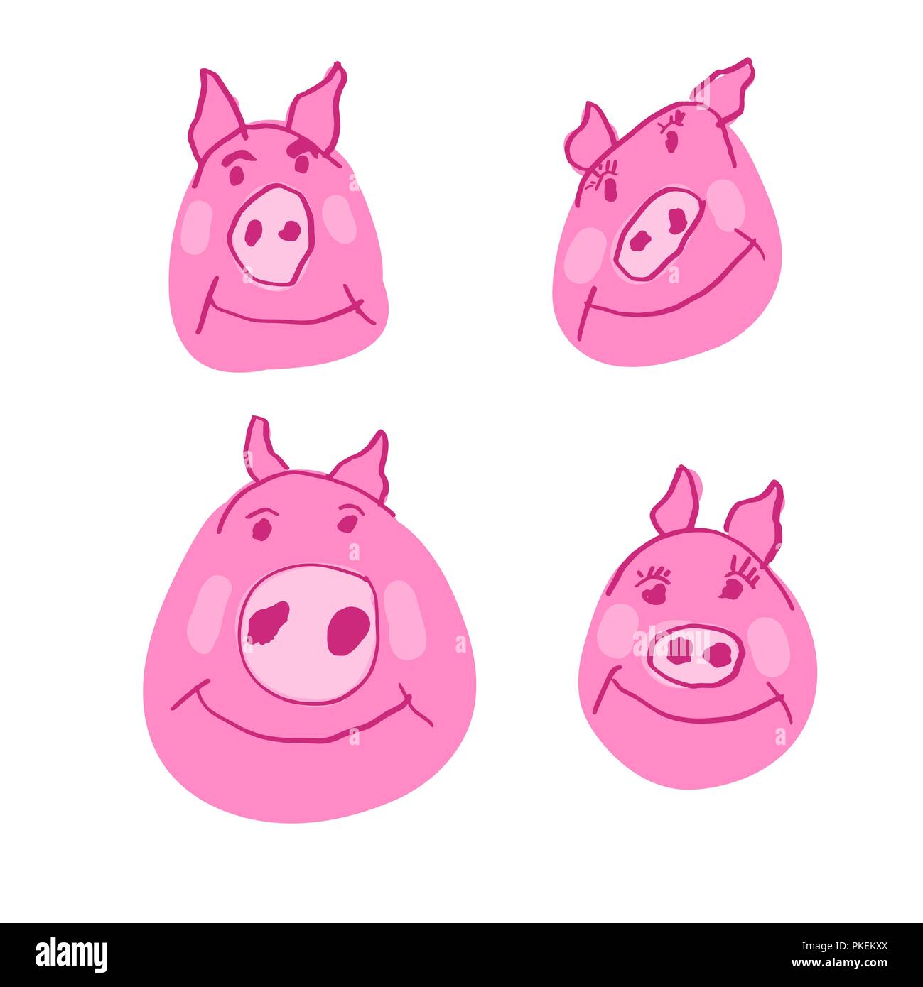 Dans la famille cochon Style Doodle. Rose à la main, porcelet Piggy Face Caractères, Rugueux Doodles Style. Drôle Illustration pour isolé 2019 Cartes de Vœux de Nouvel An et imprime Illustration de Vecteur