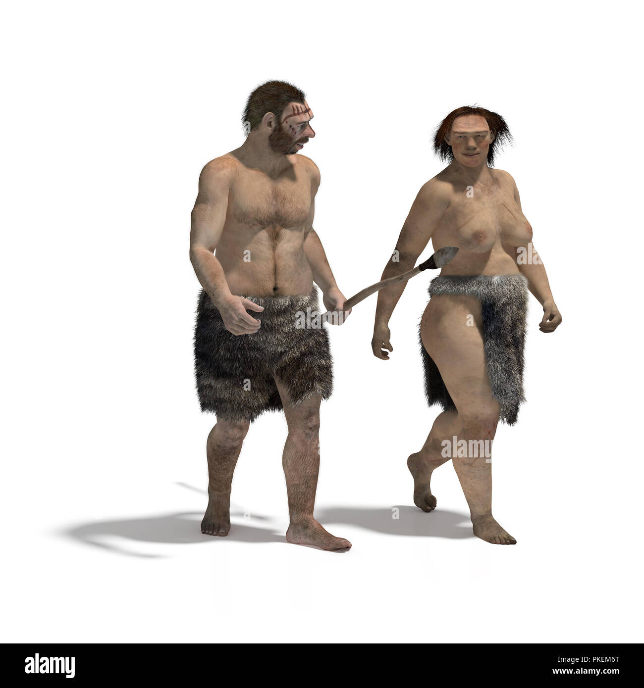 Illustration numérique d'un homme et une femme de marche de Neandertal Banque D'Images