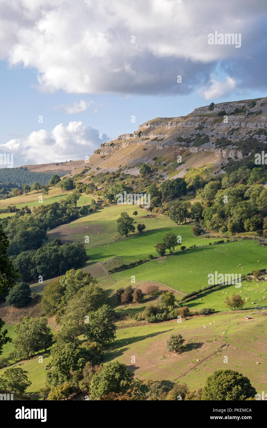 Les falaises de calcaire de l'Escarpement du Eglwyseg au-dessus de la vallée de Llangollen, Wales, UK Banque D'Images