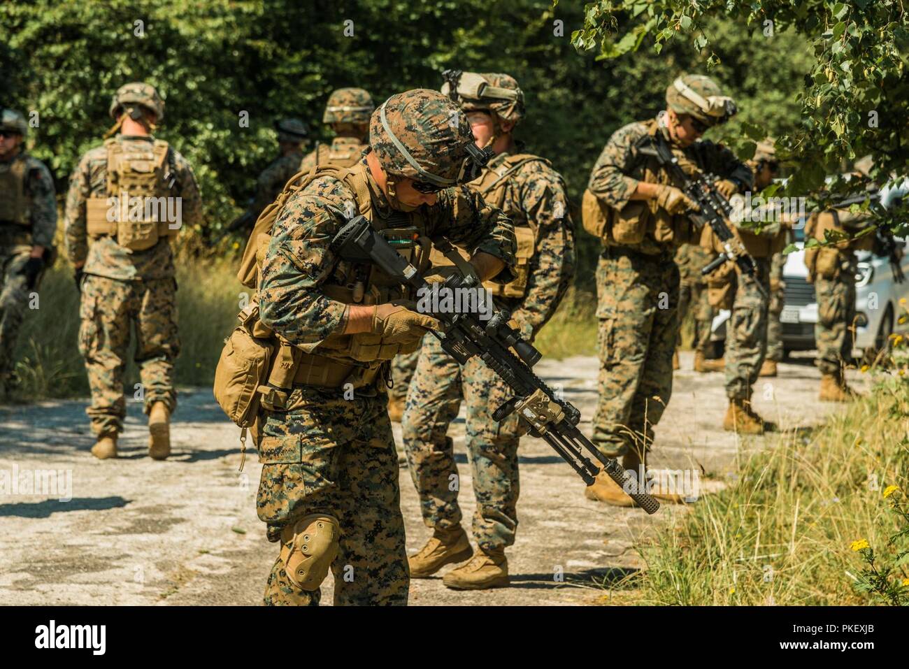 Les Marines américains affectés à des fins spéciales Groupe Force-Crisis Response-AfricaAir-Ground Marine sont manoeuvres pour un objectif de la gamme 35 , Baumholder Zone d'entraînement militaire, Baumholder, Allemagne, 24 juillet 2018. L'unité a effectué 4 jours de taille de l'escouade de tir réel interarmes des exercices de manœuvre à Baumholder, Allemagne ( US Army Banque D'Images