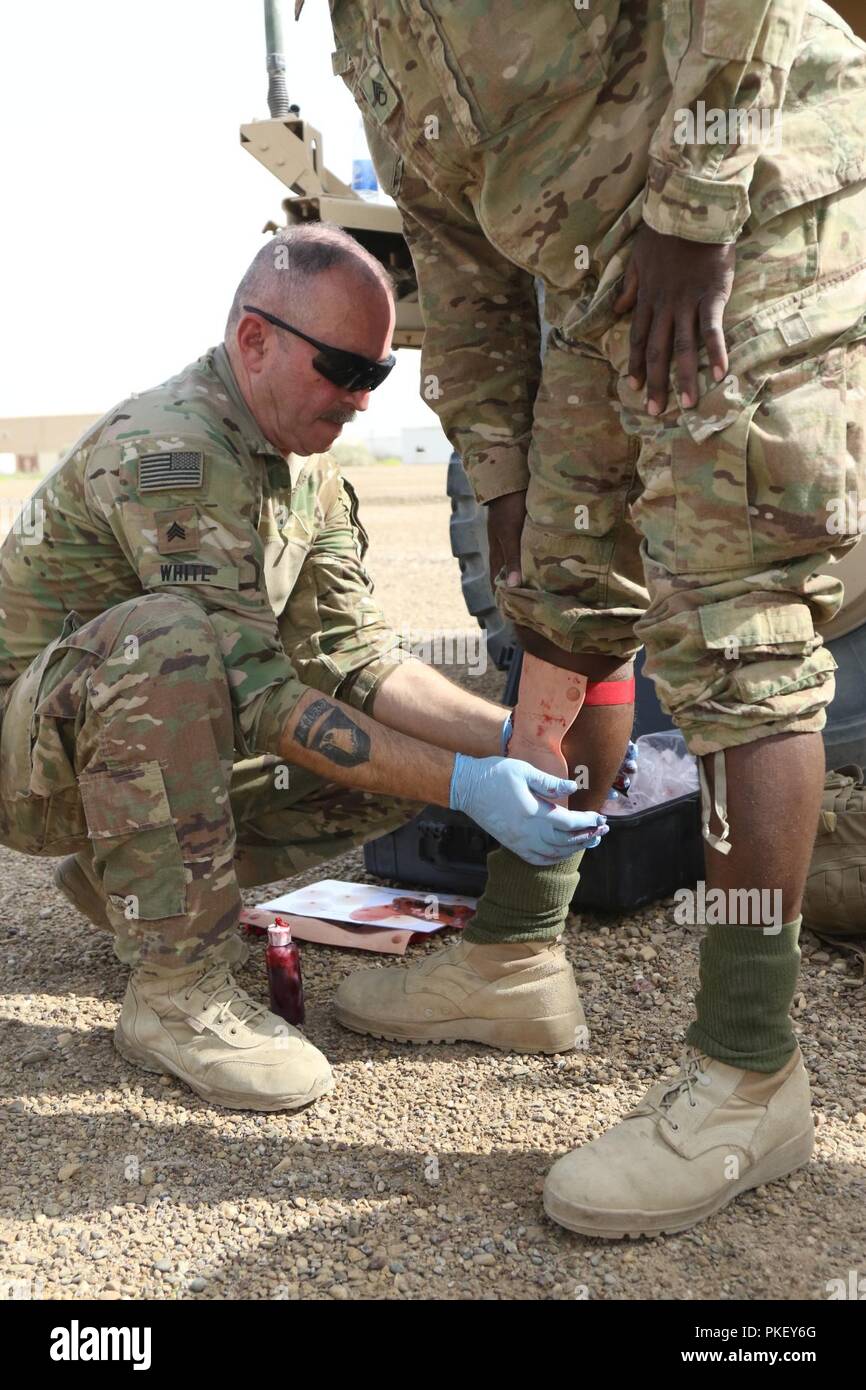 L'Iraq - CAMP TAJI, au cours d'un événement de formation un grand nombre de blessés, le 26 juillet, le Sgt. Robert White, avec la 321e Brigade de soutien, les lieux d'une simulation d'une blessure, connu sous le nom de moulage, sur une jambe du soldat. Les membres de la 321st, l'Australian and New Zealand Army Corps et rôle 1 de personnel médical à Taji se sont réunis pour tester les procédures opérationnelles standard à la place de soins médicaux, d'évacuation et de force de réaction rapide, temps de réponse en cas d'une urgence réelle. ( Banque D'Images