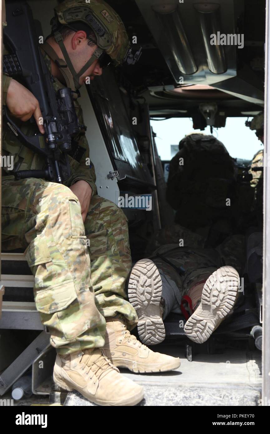 CAMP TAJI, Iraq - Un membre de l'Australian and New Zealand Army Corps attend de quitter le site de formation un grand nombre de blessés, le 26 juillet, après avoir chargé les blessés dans leurs véhicules et évaluer les blessures. L'exercice à l'épreuve les procédures normales d'exploitation en place pour les soins médicaux, d'évacuation et de force de réaction rapide, temps de réponse en cas d'une urgence réelle. ( Banque D'Images