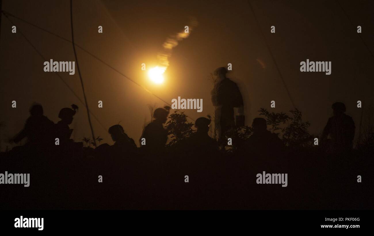 L'équipe de marines avec l'atterrissage du bataillon, 1er Bataillon, 2ème Marines, 22e Marine Expeditionary Unit (MEU) observer une enluminure pendant toute une gamme dans le cadre de la 22e MEU déploiement pour l'entraînement à Fort A.P. Hill, VA., 1er août 2018. La gamme admis plusieurs batteries telles que l'artillerie, les mortiers et les aéronefs à voilure fixe de s'entraîner ensemble afin d'améliorer les procédures normales d'exploitation internes en vue de leur prochain déploiement. Banque D'Images