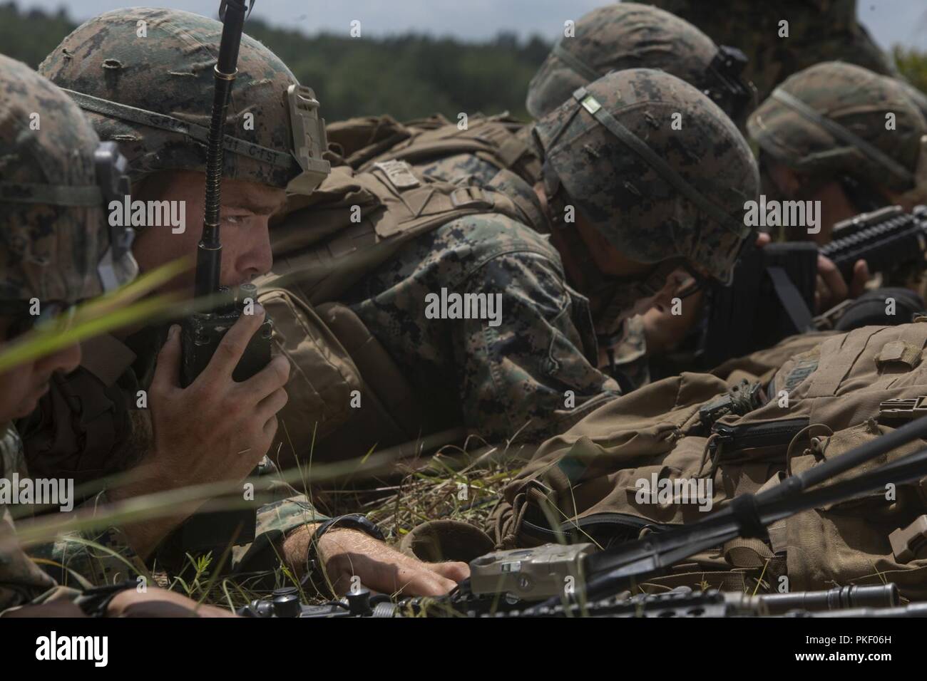 Un bataillon de marine avec l'équipe d'atterrissage, 1er Bataillon, 2ème Marines, 22e Marine Expeditionary Unit (MEU) au point de coordonnées lors d'une gamme dans le cadre de la 22e MEU déploiement pour l'entraînement à Fort A.P. Hill, VA., 1er août 2018. La gamme admis plusieurs batteries telles que l'artillerie, les mortiers et les aéronefs à voilure fixe de s'entraîner ensemble afin d'améliorer les procédures normales d'exploitation internes en vue de leur prochain déploiement. Banque D'Images
