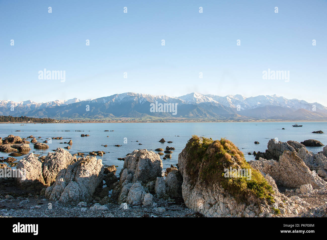 Paysage de Kaikoura, Canterbury, Nouvelle-Zélande : beau littoral rocheux, premier plan, vue de montagnes au loin. Banque D'Images