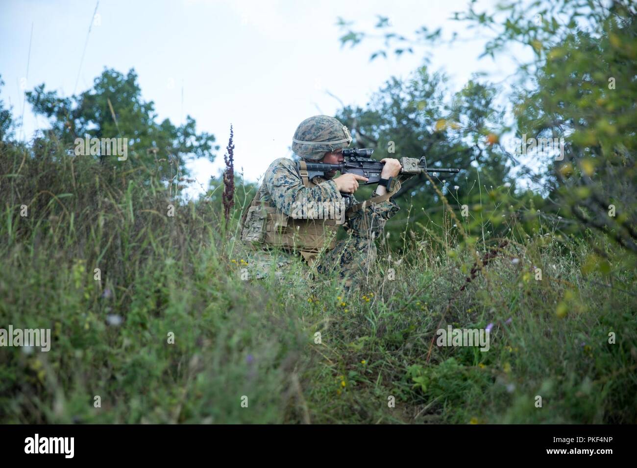 La Marine américaine avec une force de rotation de la mer Noire (BSRF) 18.1 fournit la sécurité pendant l'exercice Lion 18 Platine à Novo Selo, Bulgarie, le 31 juillet 2018. Lion de platine est un champ d'exercice de formation annuel qui renforce les relations dans un environnement de formation communs, favorise la compréhension du pays partenaire tactiques, techniques et procédures, et augmente l'interopérabilité avec les forces des pays alliés et des pays partenaires. Banque D'Images