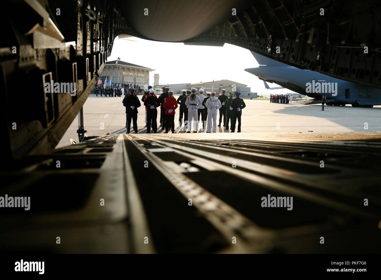 Les forces multinationales travaillent ensemble pour charger le cas de transfert digne sur C-17 air artisanat sur Osan Air Base, au sein de la République de Corée, le 1er août 2018. Le Commandement des Nations Unies a rapatrié 55 cas de demeure retourné par la République populaire démocratique de Corée. Banque D'Images