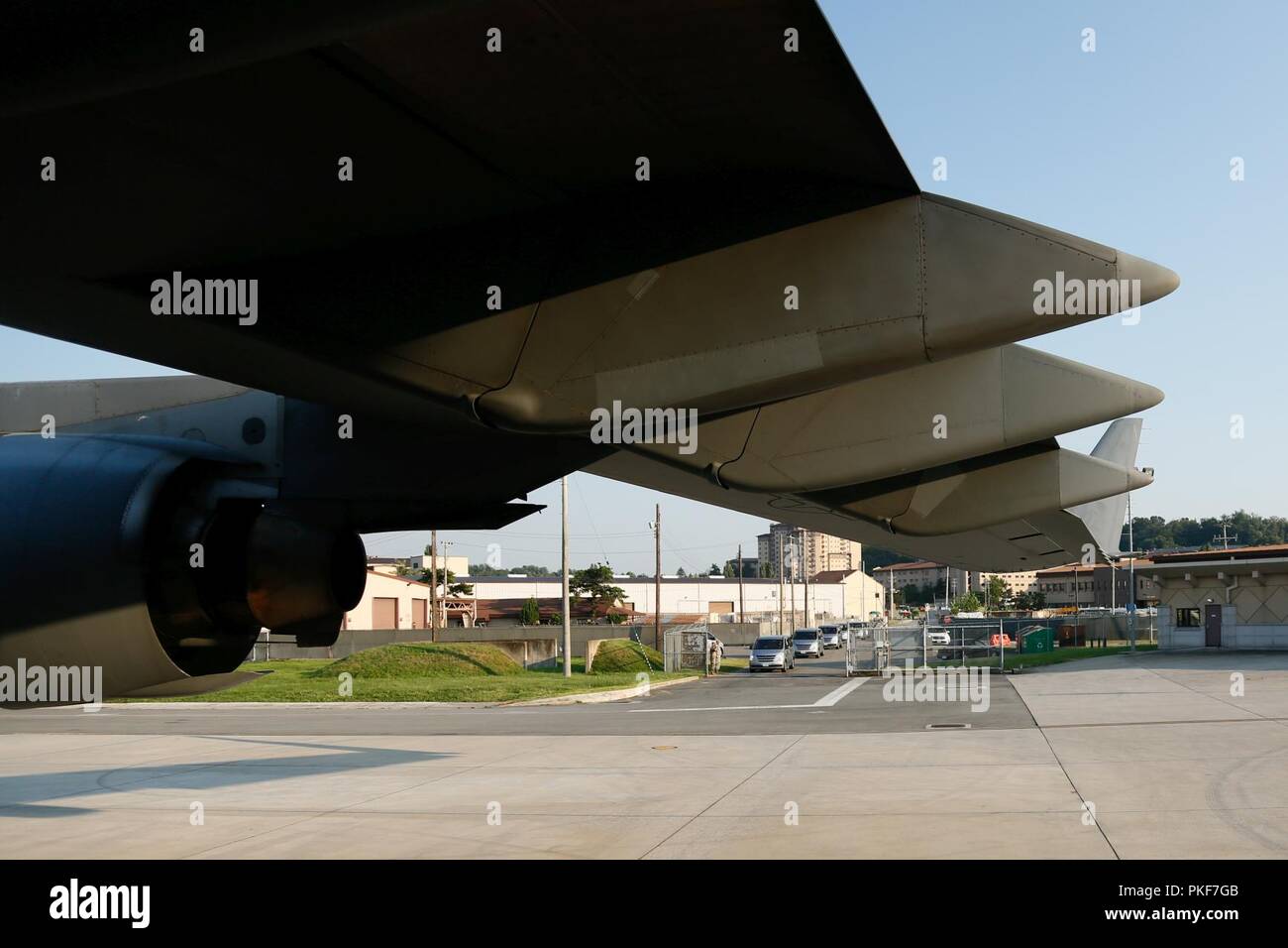Les forces multinationales travaillent ensemble pour charger le cas de transfert digne sur C-17 air artisanat sur Osan Air Base, au sein de la République de Corée, le 1er août 2018. Le Commandement des Nations Unies a rapatrié 55 cas de demeure retourné par la République populaire démocratique de Corée. Banque D'Images