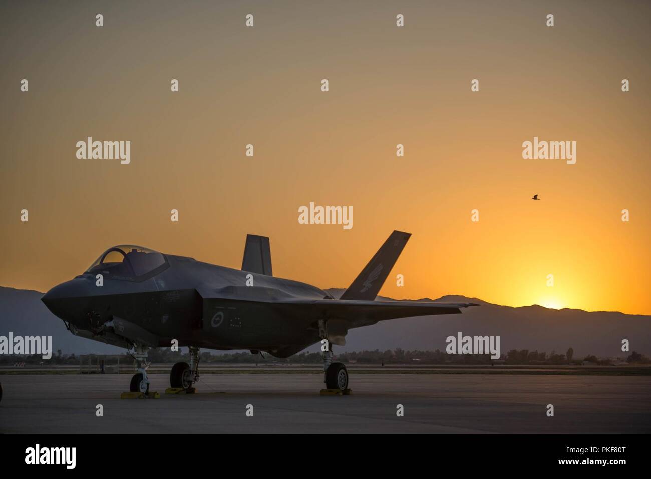 Le soleil se couche derrière la Royal Australian Air Force F-35A II Éclairage à Luke Air Force Base, en Arizona, le 6 août 2018. Le premier F-35 en Australie est arrivé à Luke AFB en décembre 2014. En ce moment six Australian F-35's sont affectés à la 61e Escadron de chasse où leurs pilotes aux côtés de la U.S. Air Force pilotes. Banque D'Images