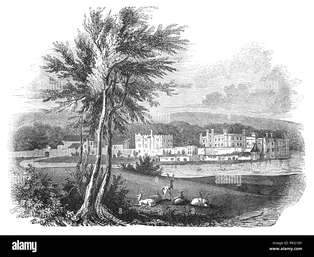 Le Château de Leeds est construite sur des îles dans un lac formé par la rivière Len à l'est du village de Leeds, dans le Kent, Angleterre. Un château a été sur le site depuis 1086. Au 13ème siècle, il est entré dans les mains du roi Édouard I, puis au 16ème siècle, Henry VIII l'a utilisé comme logement pour sa première femme, Catherine d'Aragon. Le château échappe à la destruction pendant la guerre civile anglaise parce que son propriétaire, Monsieur Cheney Culpeper, verso avec les parlementaires. Le château a été utilisé à la fois comme un arsenal et une prison pendant la guerre. Banque D'Images