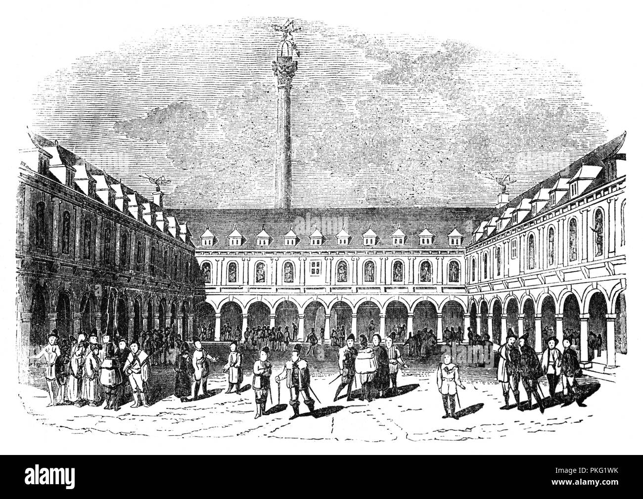 La cour de Sir Thomas Gresham's Exchange à Londres, en Angleterre. Sir Thomas Gresham l'Ancien (1519-1579) était un marchand anglais et le financier qui a agi au nom du roi Édouard VI (1547-1553 et Elizabeth I (1558-1603). En 1565, Gresham a fait une proposition à la Cour des échevins de la ville de construire une bourse ou d'échange - ce qui est devenu le Royal Exchange, - à condition que la société a fourni un endroit adapté. Banque D'Images