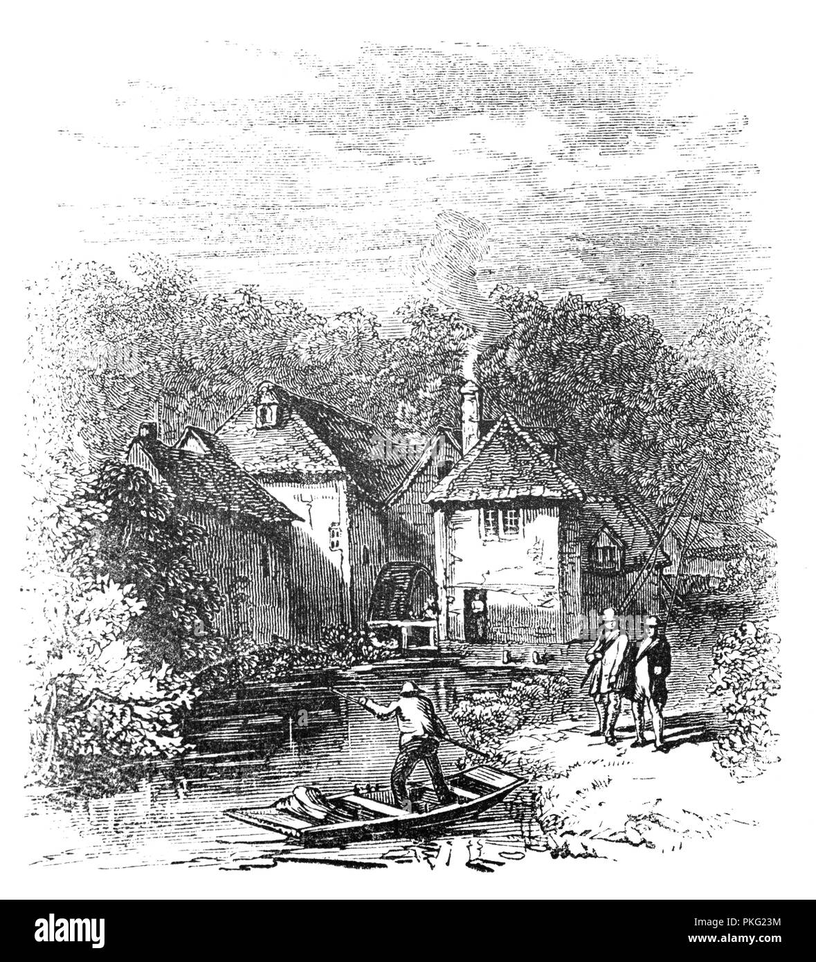 Depuis 1066, il y a eu un moulin à eau à Arundel, une ville dans une vallée de la rivière Arun des South Downs, West Sussex, Angleterre. Son site était au nord, Départment de la ville, où un important moulin a été enregistrée entre 1272 et le milieu du 19ème siècle. John Accueil décrit comme Miller et Baker en 1787 moulin du départment louées ducs de Norfolk. Le moulin a été décrit par John Constable dans sa dernière toile en 1837, lorsqu'il s'agissait d'une grande structure à pans de bois, quelques années avant qu'il a été démoli au début des années 1840. Banque D'Images