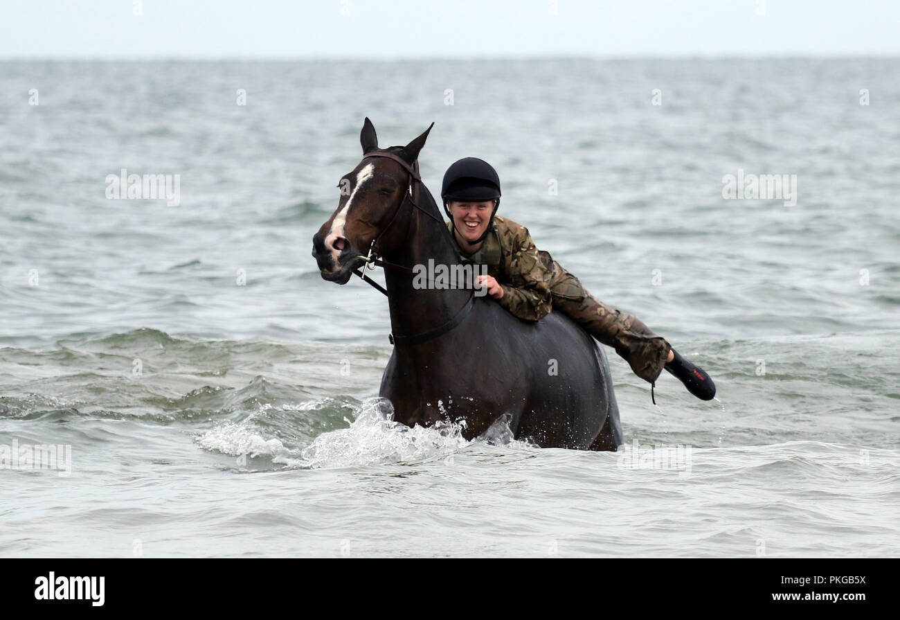 Holkham, Norfolk, Royaume-Uni. 12Th Sep 2018. Un soldat et son cheval de la troupe Kings Royal Horse Artillery profitant de leur formation sur la plage de Holkham, Norfolk, le 12 septembre 2018. Crédit : Paul Marriott/Alamy Live News Banque D'Images