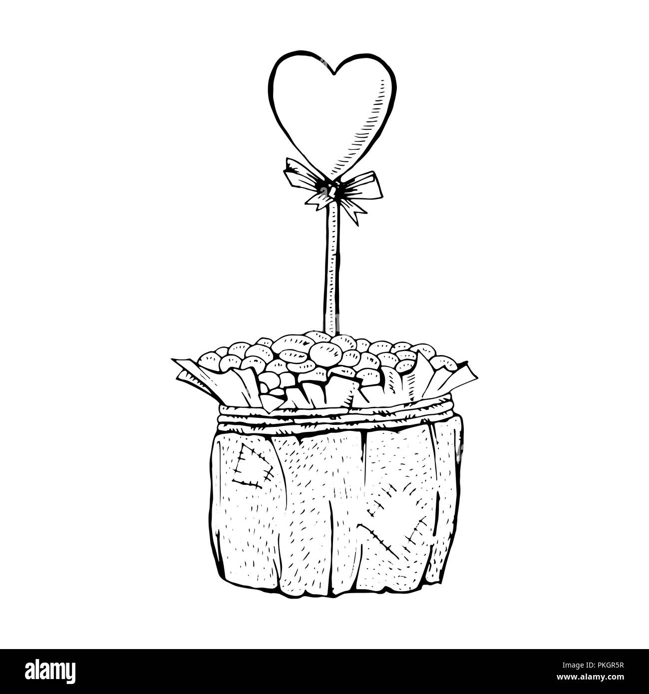 Cafetière avec coeur sur stick. Croquis illustration monochrome. Les grains de café à la main pot avec coeur. Valentines Day gift concept. Journée d'amour cartes postales et ligne de publicité art design. Vecteur isolé Illustration de Vecteur