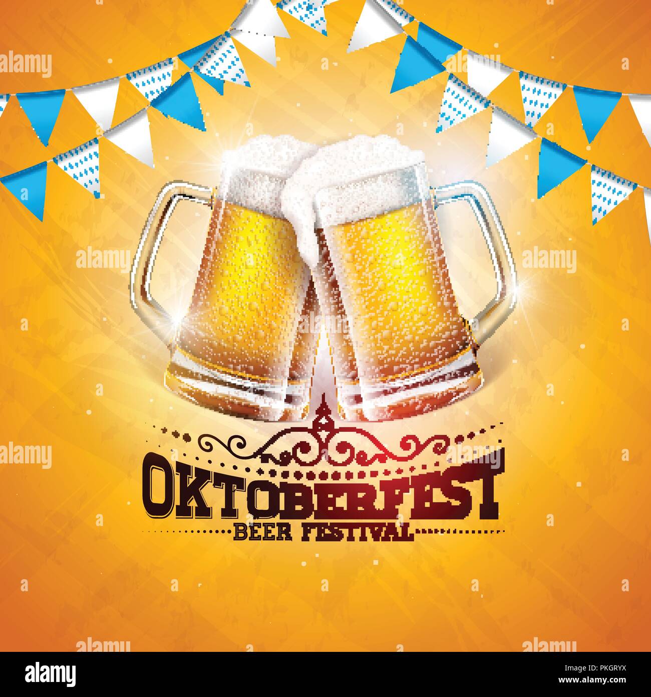 L'illustration de la bannière de l'Oktoberfest avec de la bière, le Bavière-Parti le drapeau et le lettrage sur fond jaune brillant. Fête de la bière allemande traditionnelle vecteur modèle de conception de carte de Vœux, célébration Flyer ou affiche promotionnelle. Illustration de Vecteur