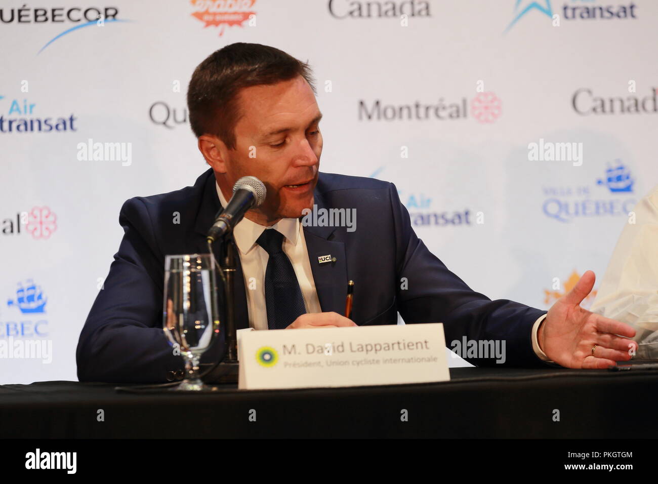 Montréal, Canada, 9/9/2018.Le Président de l'UCI, David Lappartient donne une conférence de presse pendant le Grand Prix cycliste de Montréal. Banque D'Images