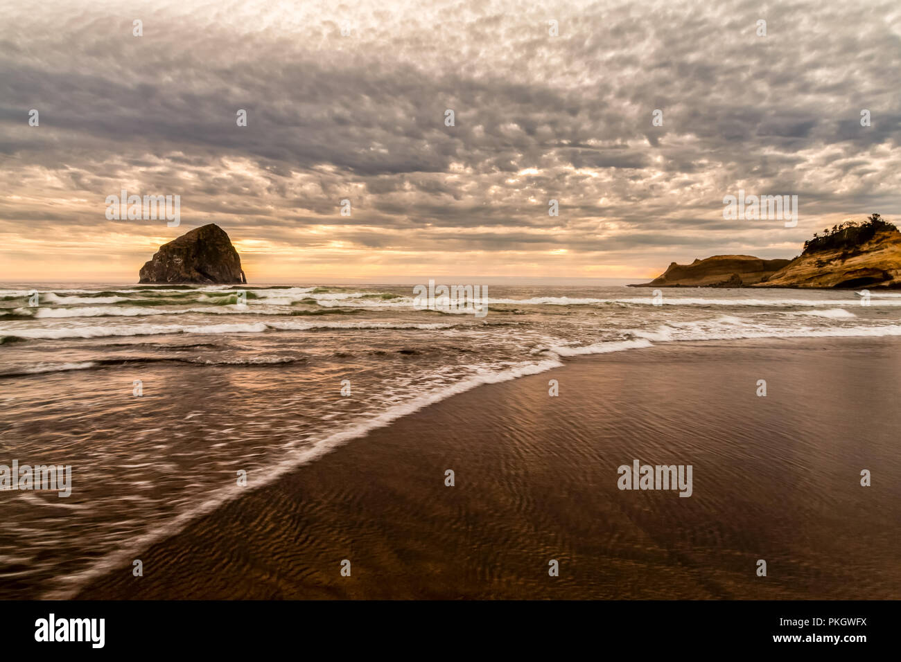 Cape Kiwanda, Oregon au lever du soleil et la marée Banque D'Images
