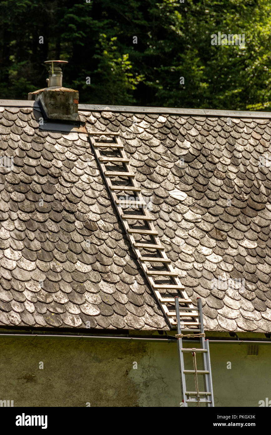 Image verticale du toit d'un bâtiment avec une échelle en bois sous la lumière du soleil, département du Puy de Dôme , Auvergne, France Banque D'Images