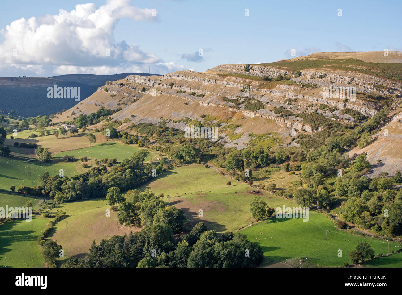 Les falaises de calcaire de l'Escarpement du Eglwyseg au-dessus de la vallée de Llangollen, Wales, UK Banque D'Images