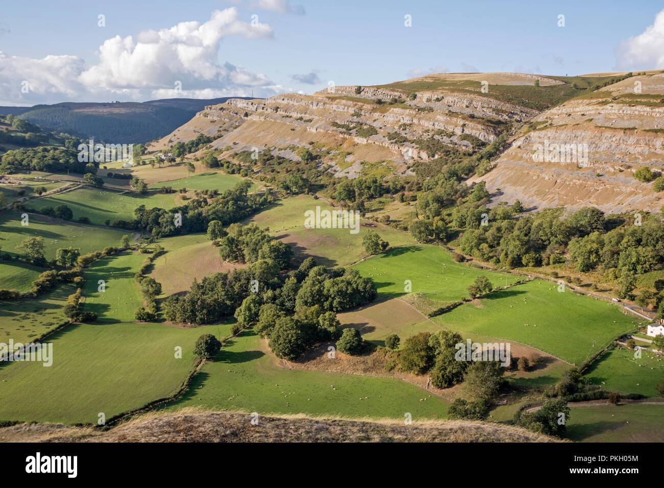 Les falaises de calcaire de l'Escarpement du Eglwyseg au-dessus de la vallée de Llangollen, Wales, UK Banque D'Images