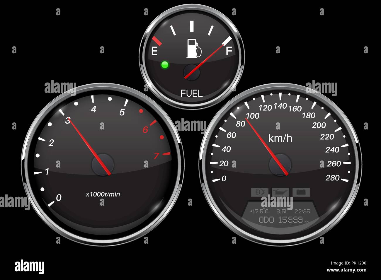Tableau de bord de voiture jeu de jauges noir. Indicateur de vitesse, tachymètre, jauge de carburant Illustration de Vecteur