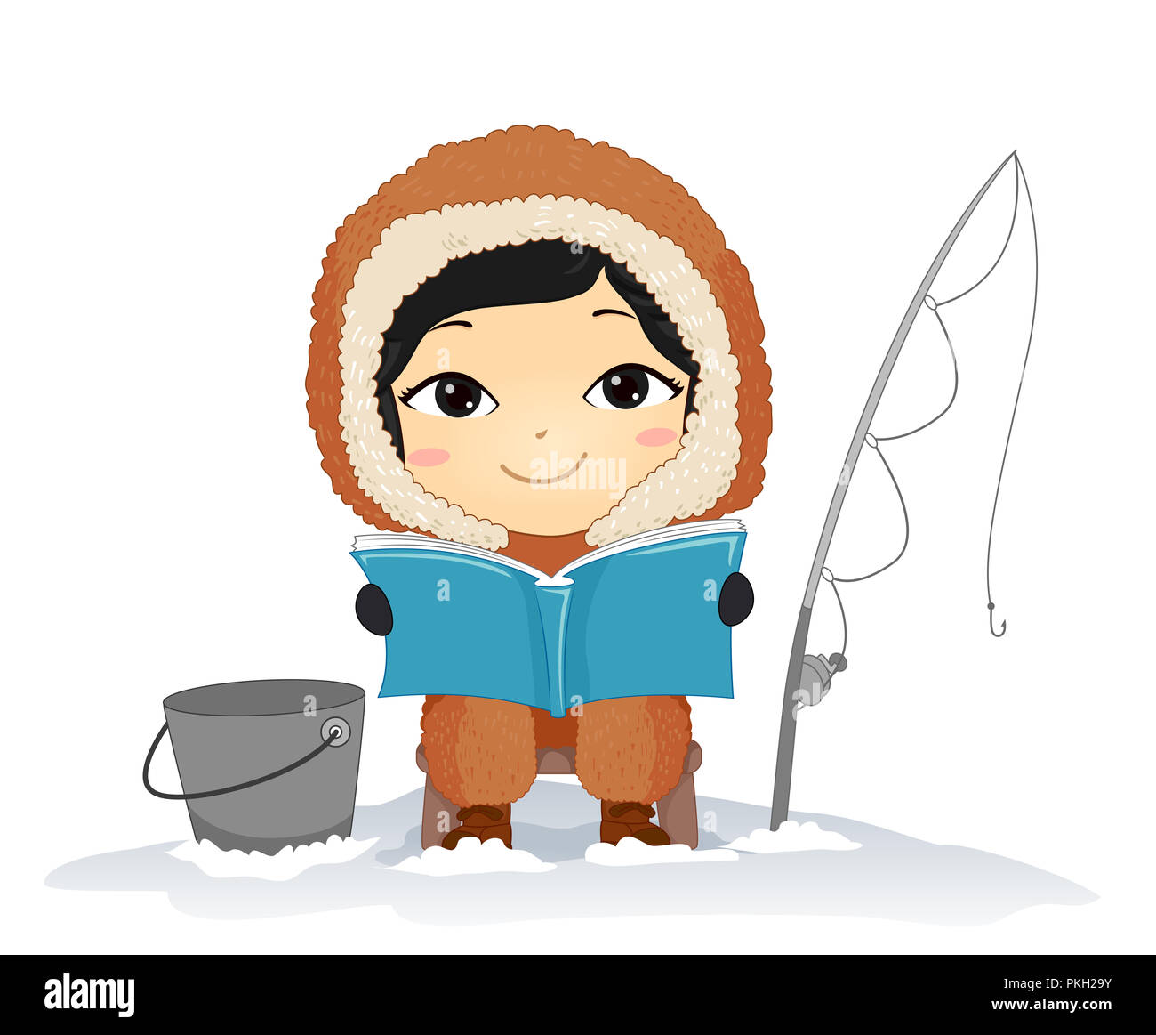 Illustration d'un enfant garçon Eskimo la lecture d'un livre, de la pêche et de l'assise avec un seau et canne à pêche Banque D'Images